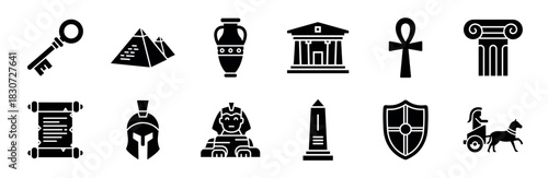 Ancient history and mythology black glyph icons featuring pyramids, a sphinx, ankh, spartan helmet, and classical temple symbols for historical or educational design