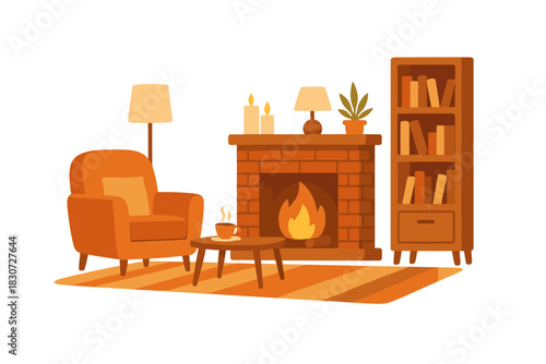 Cozy living room interior with armchair, burning fireplace, and bookshelf for relaxation