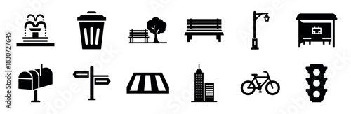 Set of black city life icons showing urban elements like a bench, bus stop, traffic light, bicycle, and skyscraper in a minimalist glyph and silhouette style collection