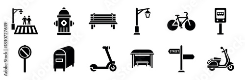 Black urban street life glyph icons set featuring a crosswalk, fire hydrant, bench, lamppost, bicycle, bus stop, traffic sign, mailbox, and scooters for graphic design