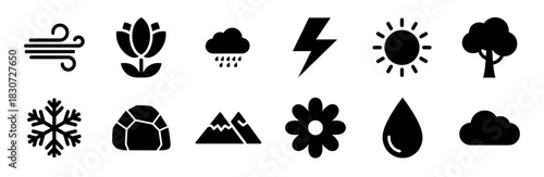Black nature and weather minimalist glyph icons in a collection featuring symbols for sun, rain, wind, lightning, snowflake, tree, and flower in a simple vector style