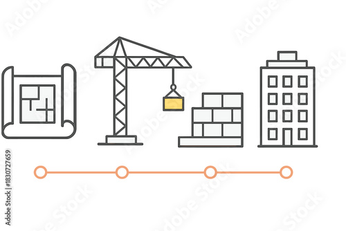 Stages of architectural construction development from blueprint planning to building completion