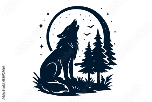 Lone wolf silhouette howling at the full moon surrounded by pine trees and stars