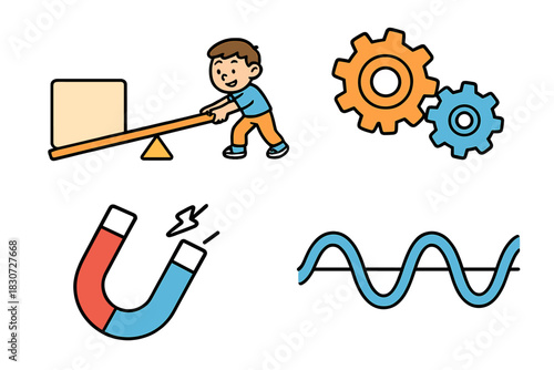 Physics diagrams illustrating simple machines, magnetic force, and wave oscillation concepts