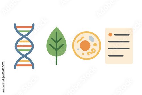Scientific icons set featuring DNA helix, plant leaf, cell structure, and research document symbols