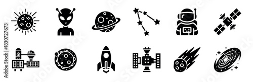Collection of twelve black space-themed glyph icons showing a sun, alien, planet, astronaut, rocket, galaxy, satellite, and constellation for science and exploration concepts