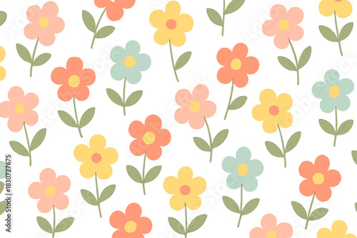 Seamless pattern of colorful retro daisy flowers with stems and leaves on white