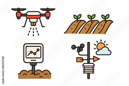 Smart farming technology icons set featuring drone spraying and weather station equipment