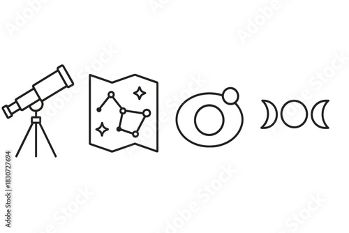 Astronomy and space exploration symbols featuring telescope, constellation, and moon phases