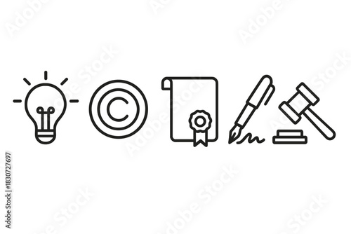 Intellectual property, copyright, patent, legal agreement, and justice symbols set