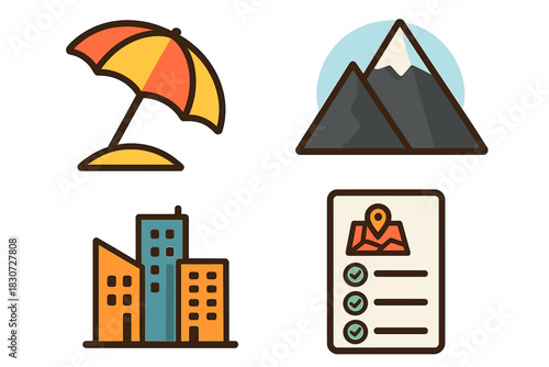 Colorful travel and vacation symbols featuring beach umbrella, mountains, city buildings, and trip checklist