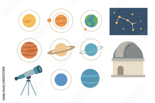 Astronomy icons set with solar system planets, constellation, telescope, and observatory