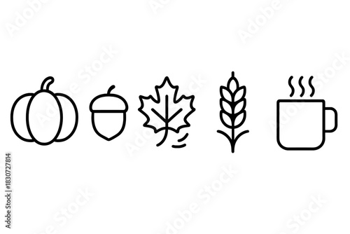 Black line icons set of autumn season elements including pumpkin, acorn, maple leaf, wheat, and hot drink mug