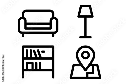Home furniture and navigation symbols including sofa, lamp, bookshelf, and map pin