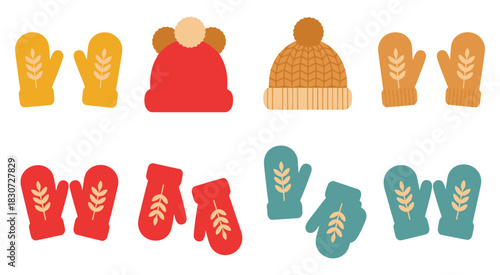 Colorful winter accessories set,  with cozy flat-style hats and mittens, warm seasonal apparel illustrations, ideal for fashion, clothing catalogs, and design concepts