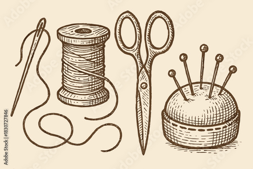Classic hand-drawn sewing supplies including needle, thread, scissors, and pincushion
