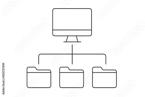 Hierarchical data structure diagram showing computer monitor connected to multiple folders