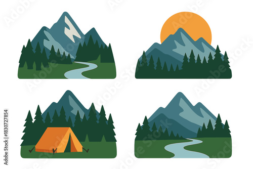 Four outdoor adventure badges with mountains, forest, river, sun, and camping tent design