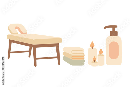 Professional massage table setup with spa accessories, stacked towels, burning candles, and lotion dispenser