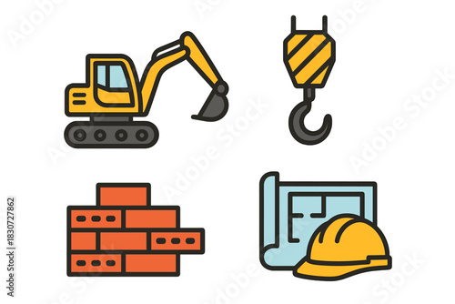 Construction site equipment and materials: excavator, crane hook, bricks, blueprint
