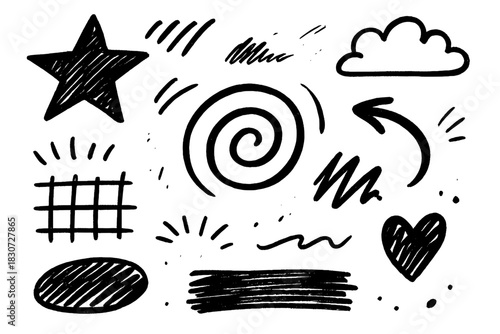Rough hand drawn doodle elements set including star heart cloud arrow and spiral shapes
