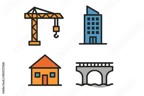Construction and architecture symbols including crane, building, house, and bridge