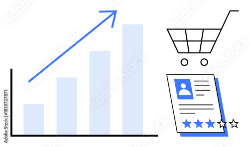 Bar chart with upward arrow, shopping cart outline, and user profile form with star ratings. Ideal for growth, success, analytics, online shopping, customer feedback progress and marketing. Simple