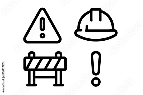 Safety and construction icons with warning sign, hard hat, and road barrier symbols