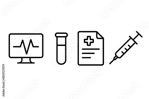 Essential healthcare symbols showing heart rate monitor, blood sample tube, patient record, and injection syringe