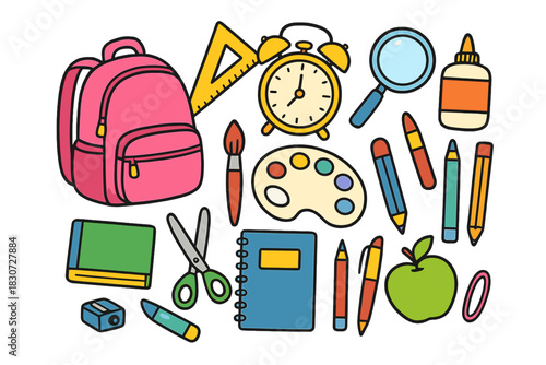 Brightly colored set of essential school supplies including backpack pencils and alarm clock