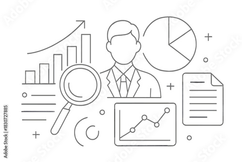 Professional business analyst surrounded by data visualization charts and research tools