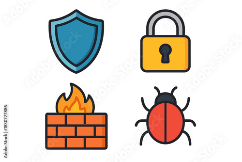 Cybersecurity symbols featuring shield, padlock, firewall, and computer bug