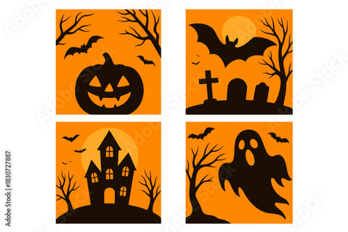 Spooky Halloween silhouettes collection featuring carved pumpkin, haunted house, cemetery, and flying ghost