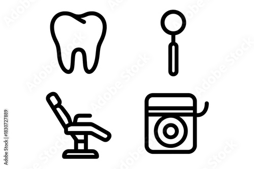 Set of outline icons for dentistry featuring tooth, dental mirror, examination chair, and floss