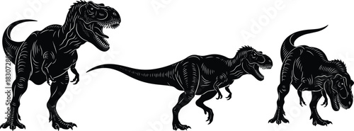 Set of three Tyrannosaurus Rex silhouettes vector illustration, black prehistoric dinosaur predator shapes collection, isolated on white background for ancient wildlife design.