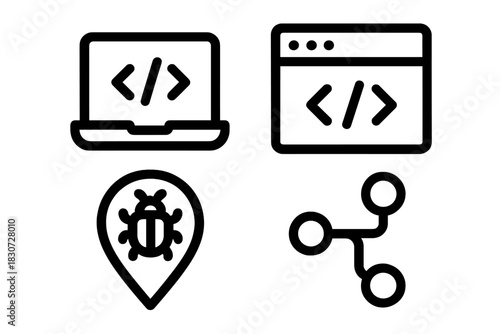Line icons for software development, programming, web browsing, and data sharing