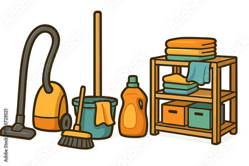 Household cleaning supplies and laundry items arranged on a white background