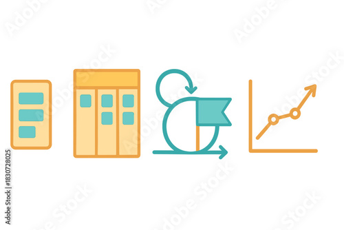 Agile Scrum development workflow featuring Kanban board, product backlog, sprint cycle, and progress chart