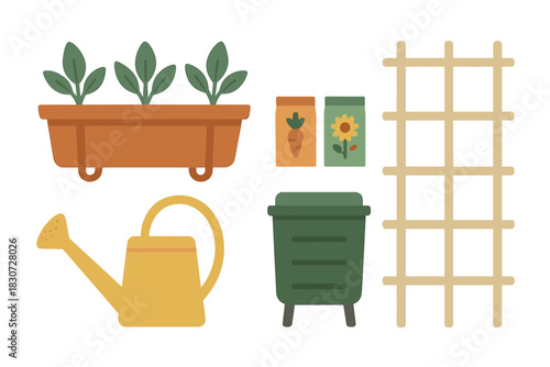 Essential collection of gardening tools and supplies for planting vegetables and flowers