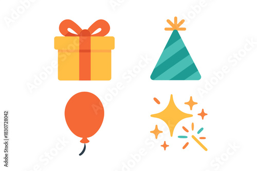 Festive celebration icons: wrapped present, party hat, balloon, and sparkling firework