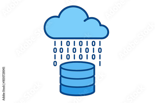 Binary code raining from cloud computing storage onto a database server stack