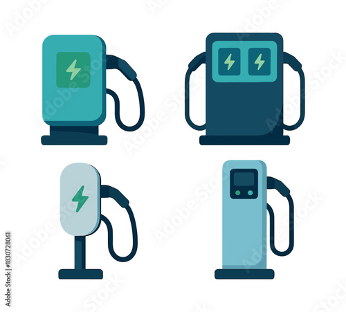 Electric vehicle charging station, renewable energy, plug, flat vector illustration