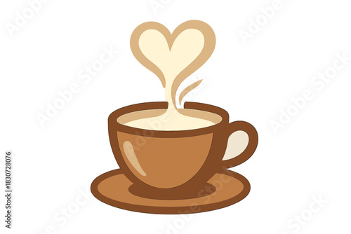 Coffee cup with heart shape foam art and creamy hot beverage on a saucer