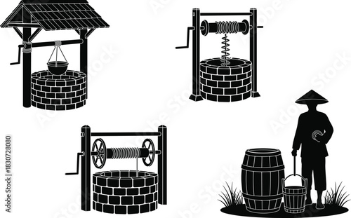 Set of Traditional Water Well and Barrel Silhouettes Vector, Rural Water Source Icons, Draw Well, Brick Structure, Water Supply, and Historical Water Access Concept Graphic Elements Collection, EPS.