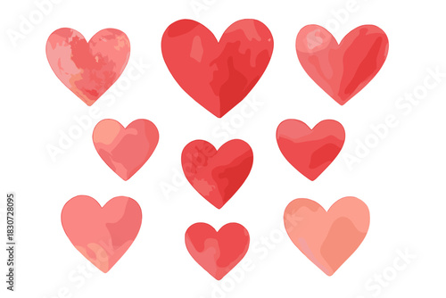 Nine watercolor textured hearts in shades of red and pink symbolizing romance and love