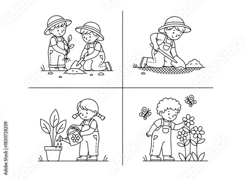 Four step coloring page of children gardening activity