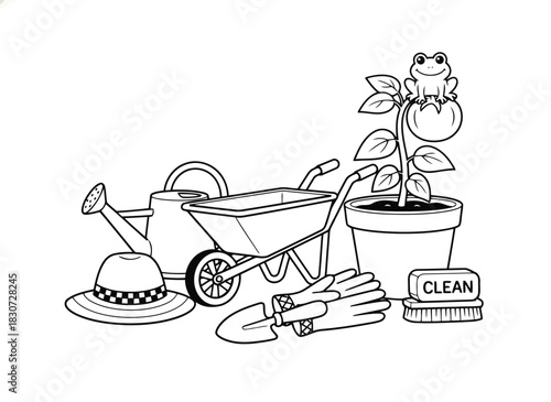 Gardening tool set with frog on plant isolated on