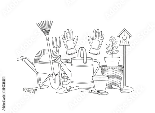 Collection of garden tool and plant line art