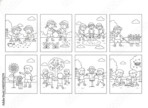 Set of eight coloring pages with children playing outside