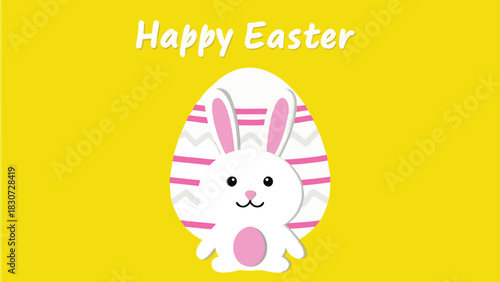 Cute bunny sitting happily in front of a large soft pastel colored egg perfect for easter celebrations